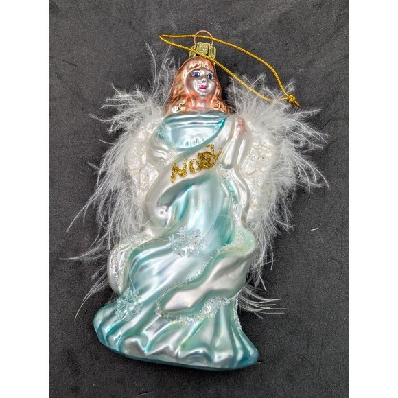 Vtg. Best Santa Christmas Ornament Angel 'NOEL' Glass Angel faux Feathers 5.25” - Picture 5 of 15